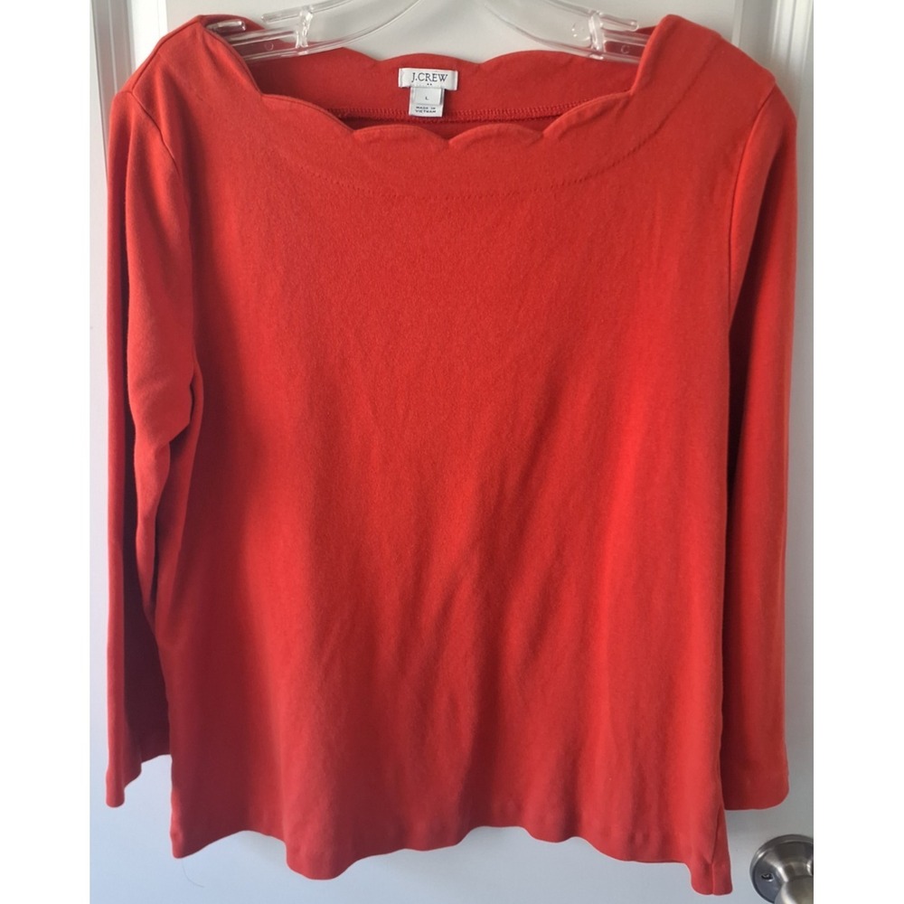 J.Crew Scalloped Neck Long Sleeve Top Women's Large Red Orange 100% Cotton